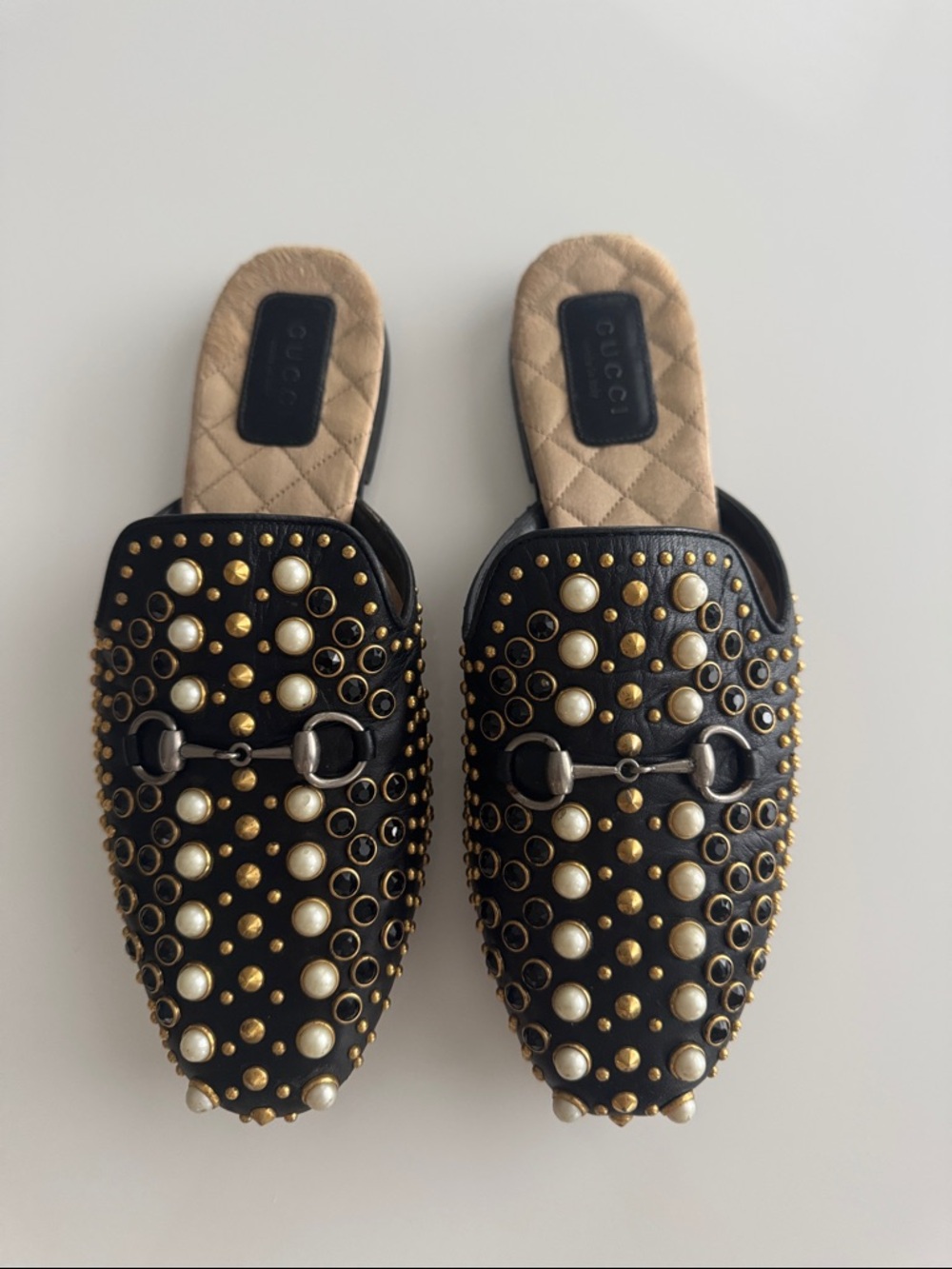 Gucci Black Leather Horsebit Mules with Pearls & Gold Studs